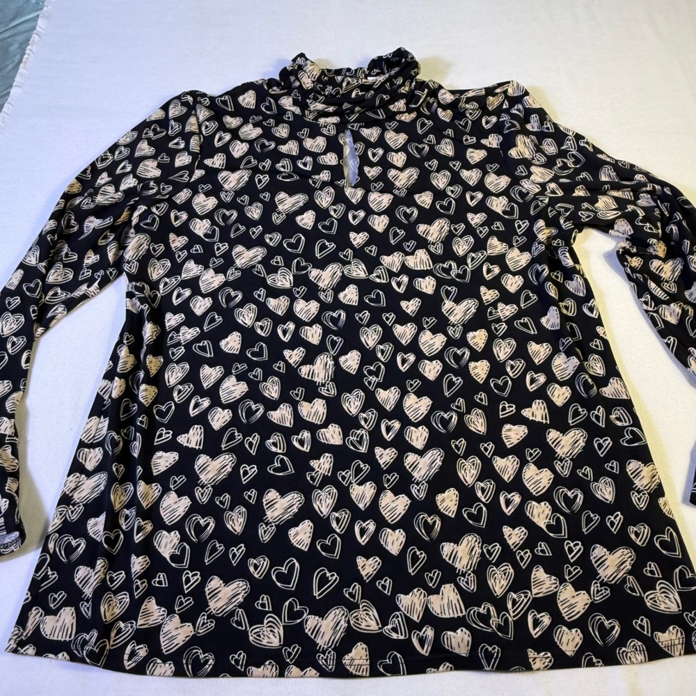 Susan Graver Black Heart Print Mock Neck Bell Sleeve Tunic Top M Stretch comfort - Picture 3 of 10